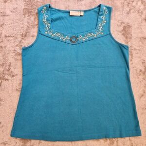 Croft & Barrow Womens XL Teal Blue Beaded Floral Embroidered Cotton Tank Top